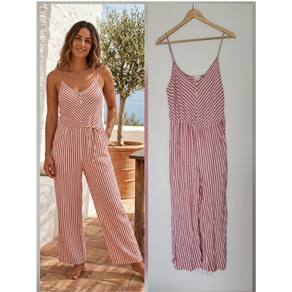 Caution to the Wind Red & White Striped Wide Leg Jumpsuit Cabana - Size L(jrs)